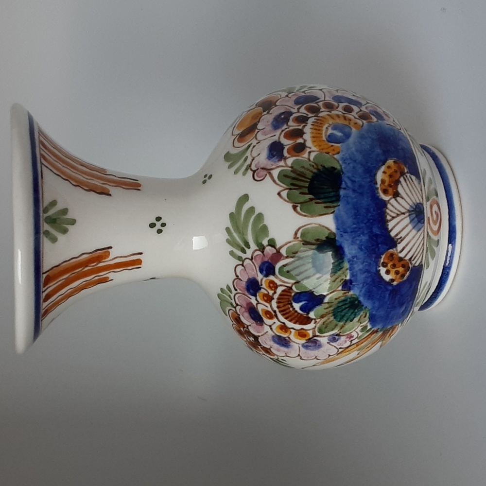 Delft Holland Vase CBr H10 4.75" Signed Hand Painted Blue Green Pink Yellow Tan